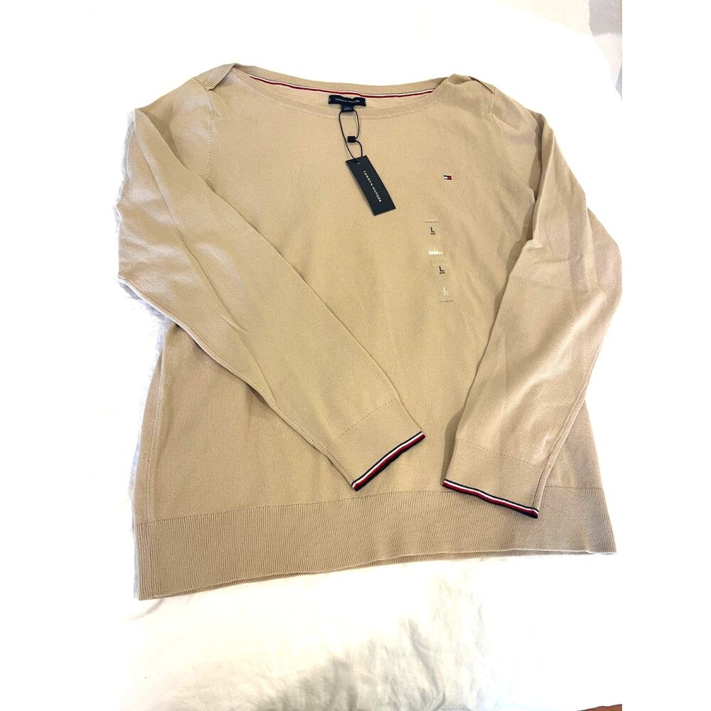 NWT Tommy Hilfiger Women's Sweater L Beige Preppy Collegiate Classic Office Work